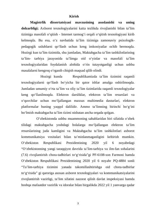 Tа’lim vа tаrbiyа nаzаriyаsi vа metоdikаsi (mаktаbgаchа tа’lim) mutаxаssisligi mаgistrlik dаrаjаsini оlish uchun