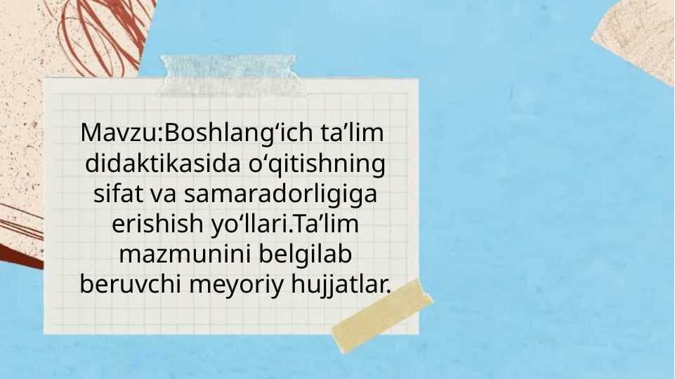 Boshlangʻich taʼlim  didaktikasida oʻqitishning sifat va samaradorligiga erishish yoʻllari.Ta’lim mazmunini belgilab beruvchi meyoriy hujjatlar.