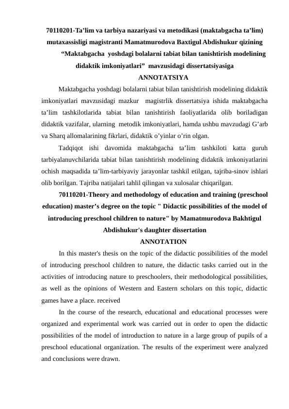 “Maktabgacha  yoshdagi bolalarni tabiat bilan tanishtirish modelining didaktik imkoniyatlari”