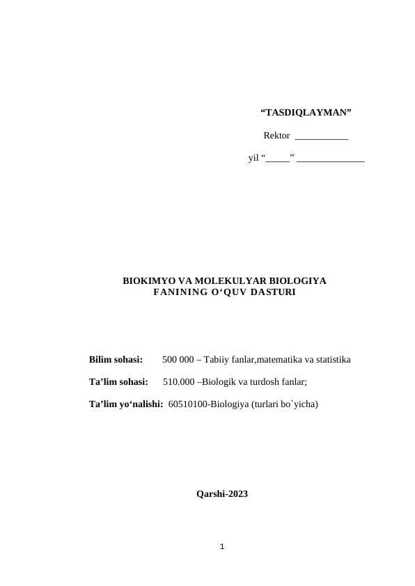 BIOKIMYO VA MOLEKULYAR BIOLOGIYA  FANINING O‘QUV DASTURI namuna