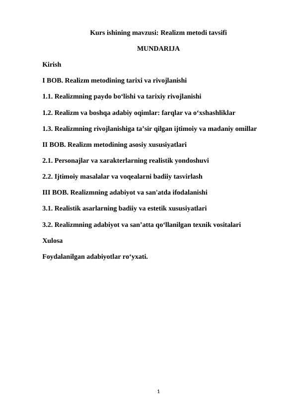 Realizm metodi tavsifi kurs ishi