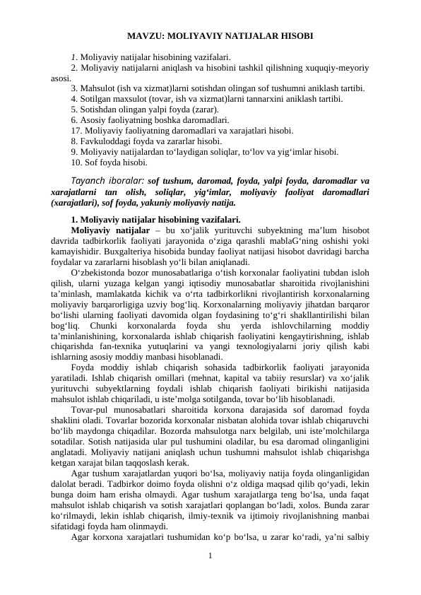 MOLIYAVIY NATIJALAR HISOBI
