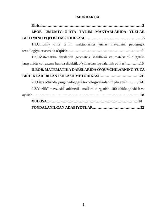 UMUMIY O'RTA TA'LIM MAKTABLARIDA YUZLAR BO'LIMINI O'QITISH METODIKAS