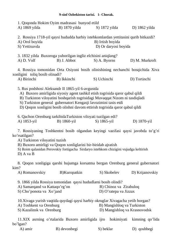 Tarix fanidan 9 sinf test