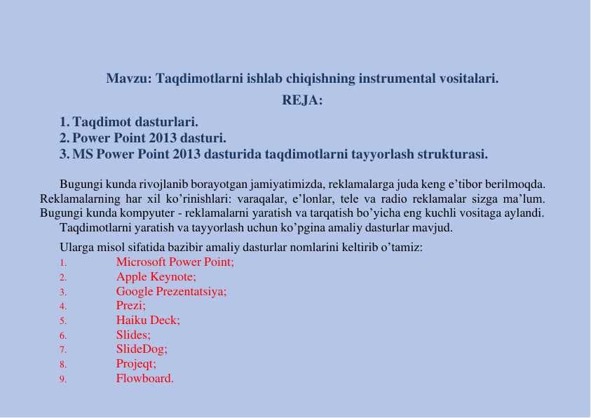Taqdimotlarni ishlab chiqishning instrumental vositalari