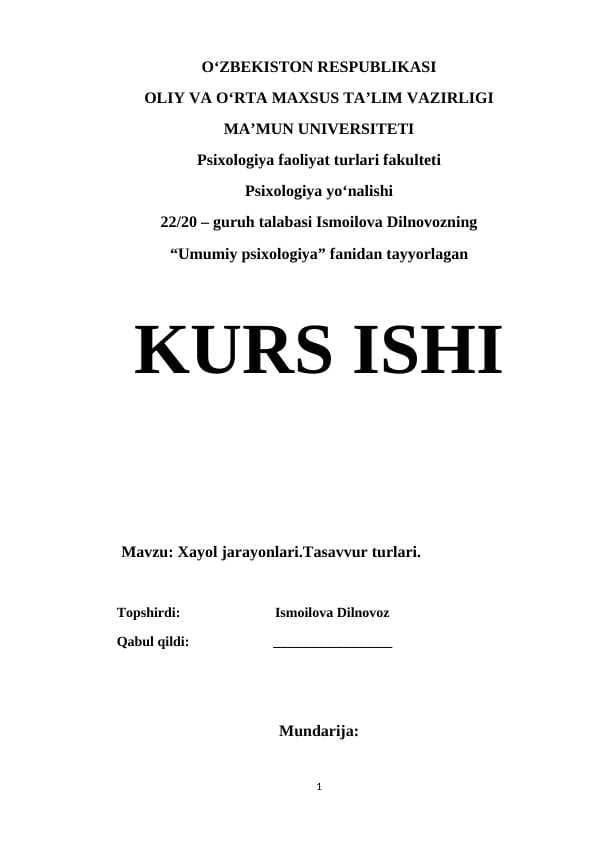 Xayol jarayonlari. Tasavvur turlari