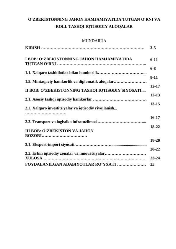 O‘ZBEKISTONNING JAHON HAMJAMIYATIDA TUTGAN O‘RNI VA ROLI. TASHQI IQTISODIY ALOQALAR