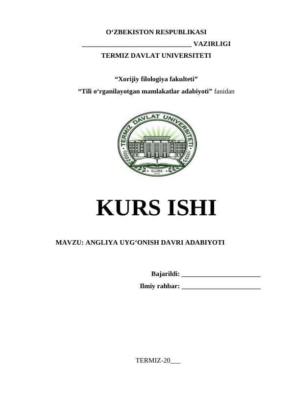 ANGLIYA UYGʻONISH DAVRI ADABIYOTI