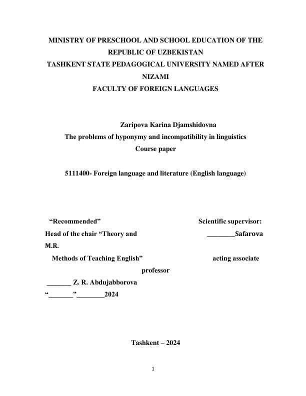 The problems of hyponymy and incompatibility in linguistics