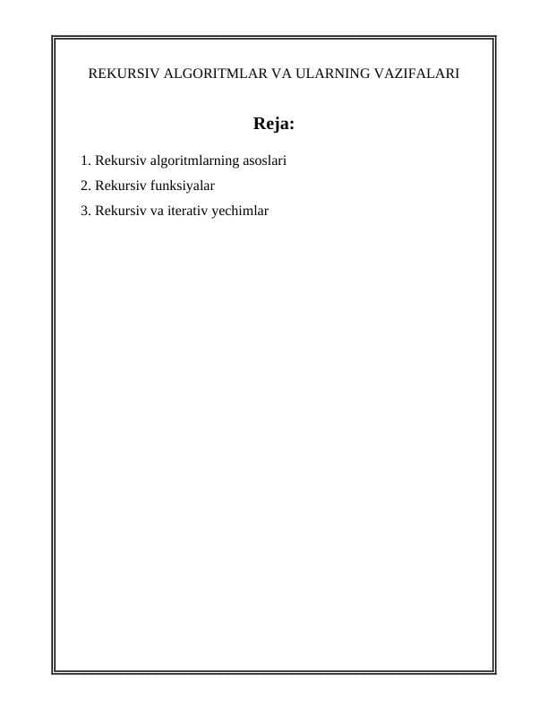 REKURSIV ALGORITMLAR VA ULARNING VAZIFALARI