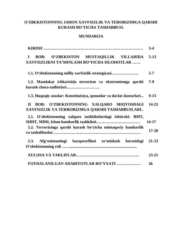 O'ZBEKISTONNING JAHON XAVFSIZLIK VA TERORIZIMGA QARSHI KURASH BO'YICHA TASHABBUSI.