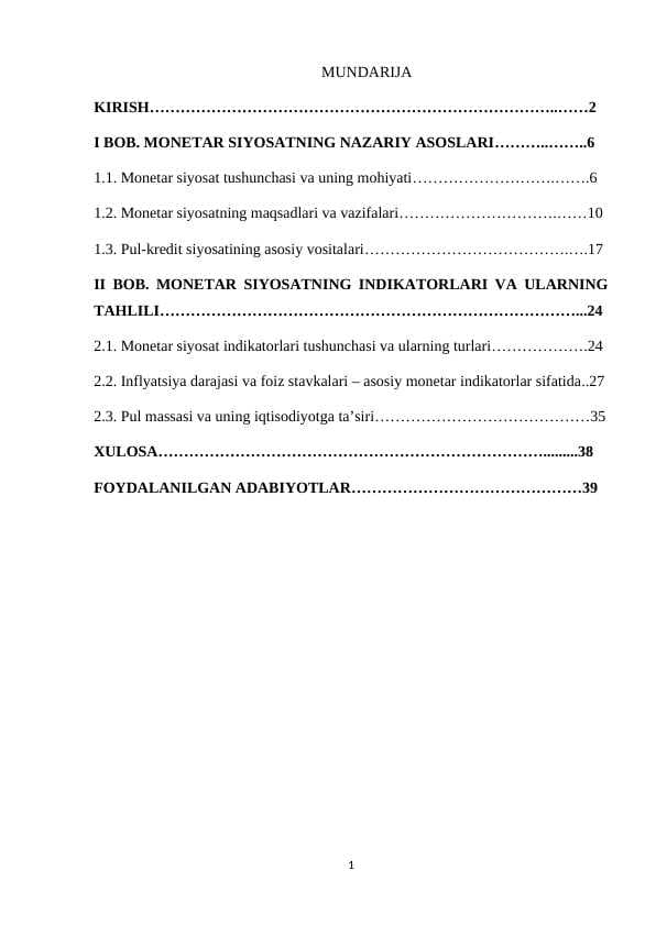 Monetar siyosatning indikatorlari. kurs ishi