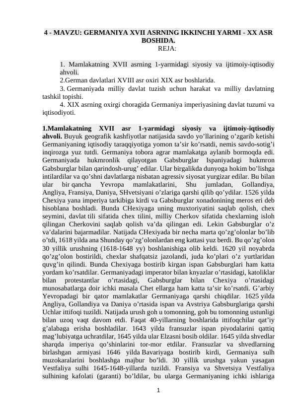GЕRMANIYA XVII ASRNING IKKINCHI YARMI - XX ASR BOSHIDA