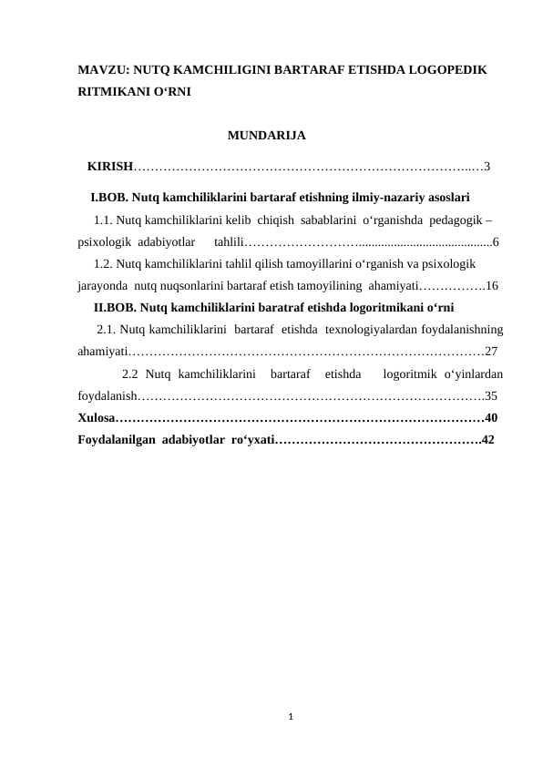 NUTQ KAMCHILIGINI BARTARAF ETISHDA LOGOPEDIK RITMIKANI O‘RNI