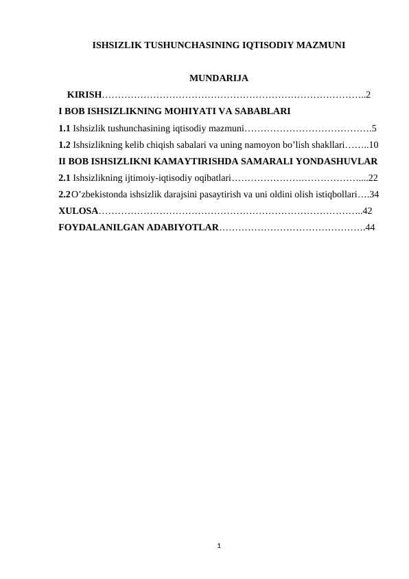 Ishsizlik tushunchasining iqtisodiy mazmuni