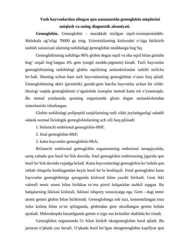 Yosh hayvonlardan olingan qon namunasida gemoglobin miqdorini aniqlash va uning diagnostik ahamiyati
