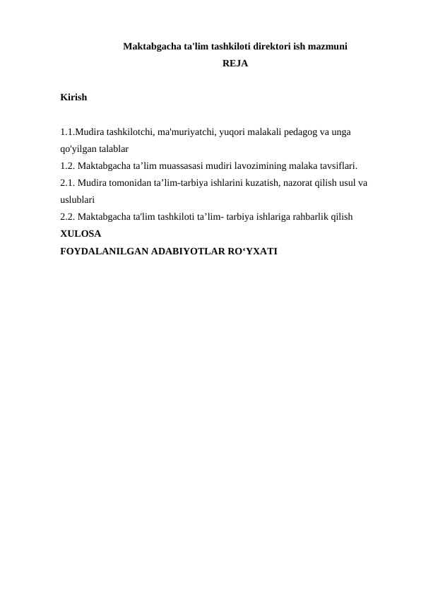 Maktabgacha ta'lim tashkiloti direktori ish mazmuni