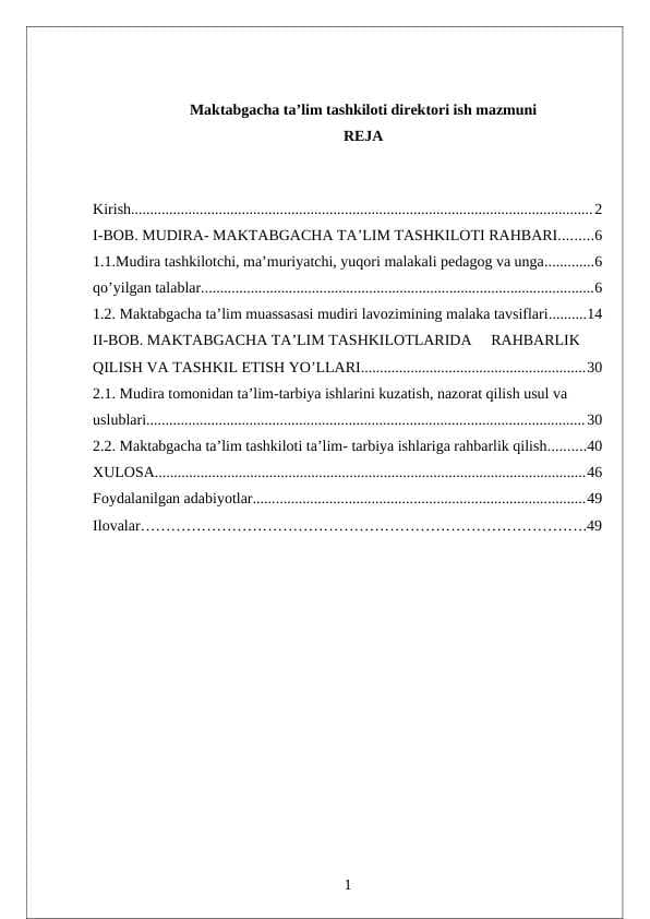 Maktabgacha ta'lim tashkiloti direktori ish mazmuni