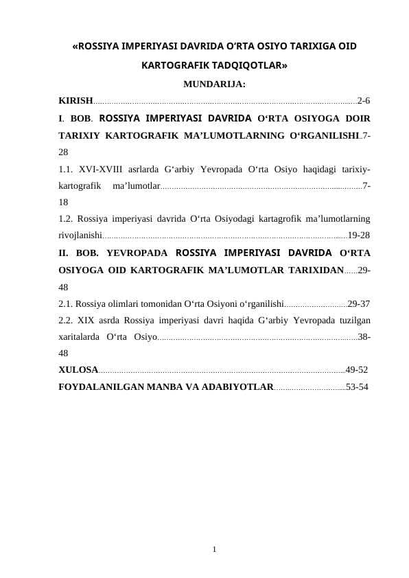 ROSSIYA IMPERIYASI DAVRIDA O‘RTA OSIYO TARIXIGA OID KARTOGRAFIK TADQIQOTLAR