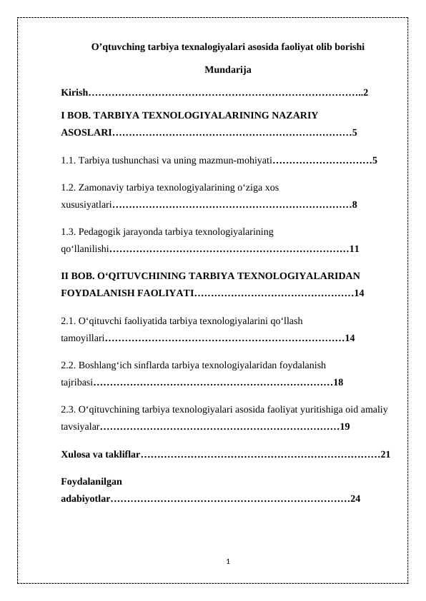 O’qtuvching tarbiya texnalogiyalari asosida faoliyat olib borishi