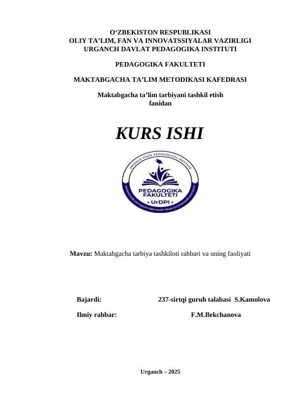 Maktabgacha tarbiya tashkiloti rahbari va uning faoliyati
