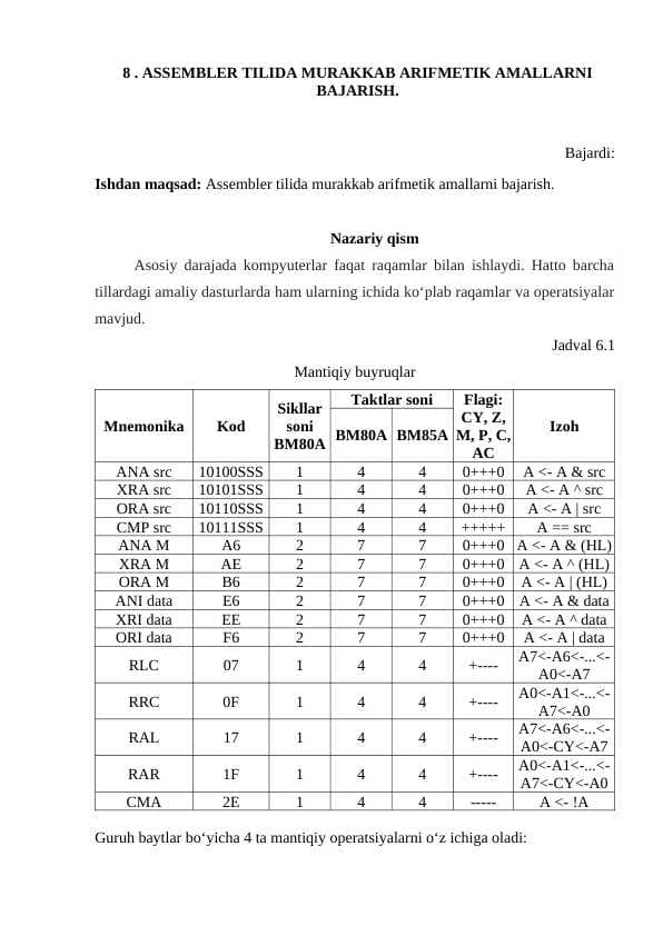 ASSEMBLER TILIDA MURAKKAB ARIFMETIK AMALLARNI BAJARISH.