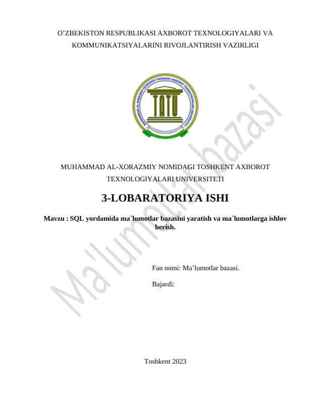 SQL yordamida ma`lumotlar bazasini yaratish va ma`lumotlarga ishlov berish. Avtomobillar ma'lumotlar bazasi