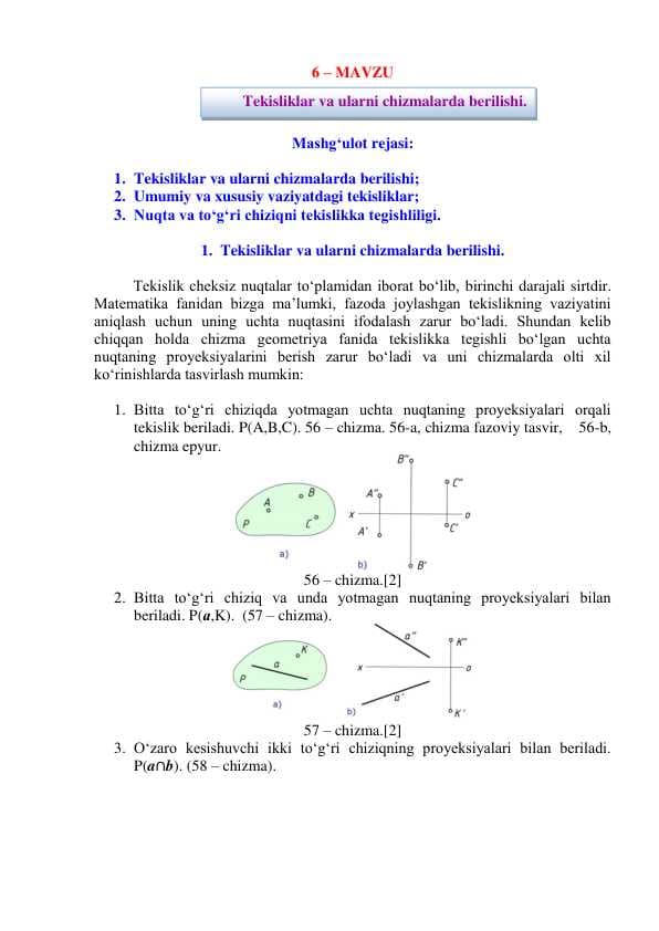 Tekisliklar va ularni chizmalarda berilishi.