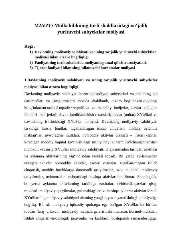 Mulkchilikning turli shakllaridagi xoʻjalik yurituvchi subyektlar moliyasi