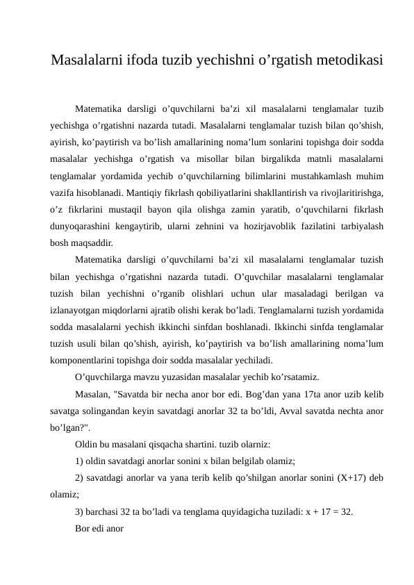 Masalalarni ifoda tuzib yechishni o’rgatish metodikasi