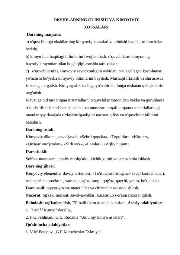 Oksidlarning olinishi va kimyoviy xossalari