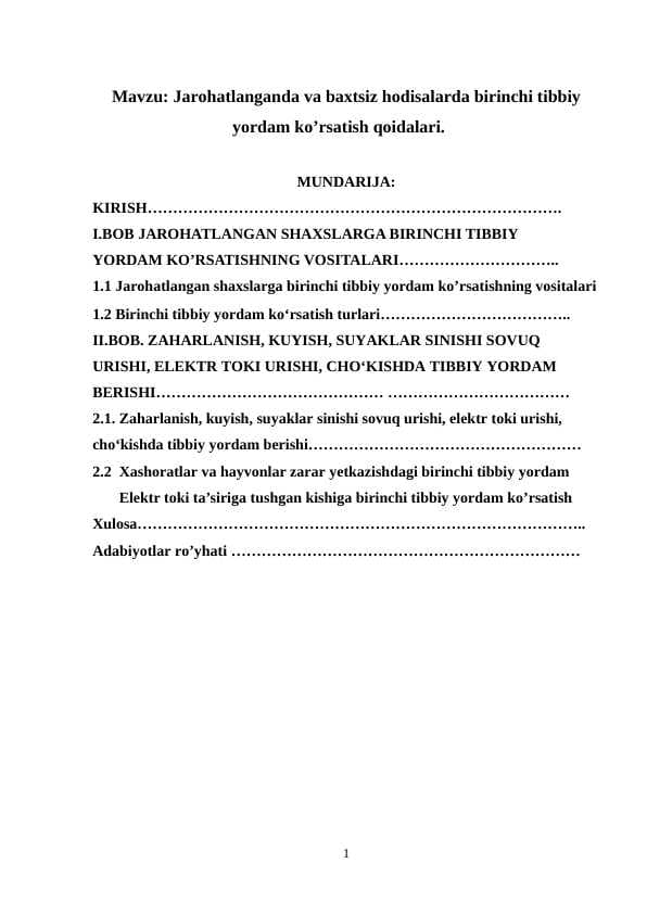 Jarohatlanganda va baxtsiz hodisalarda birinchi tibbiy yordam ko’rsatish qoidalari.