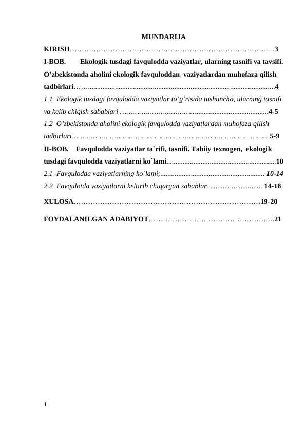 O’zbеkistonda aholini ekologik favquloddan  vaziyatlardan muhofaza qilish tadbirlari
