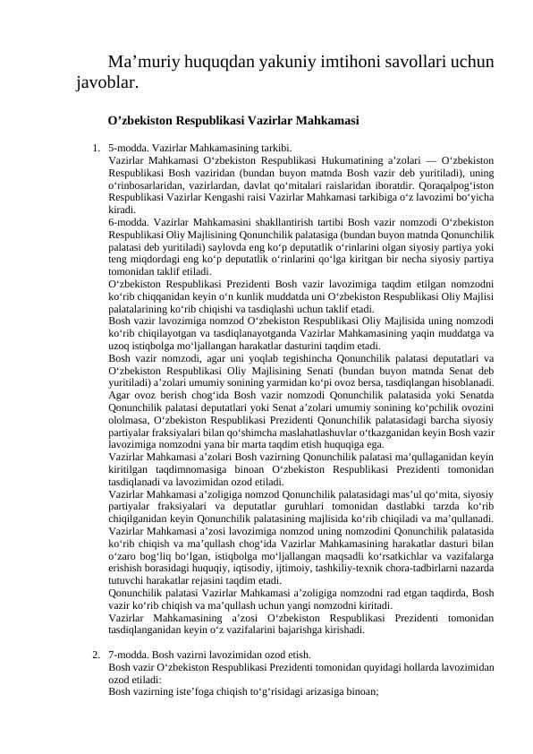 Ma‘muriy huquq yakuniy testlarga javob