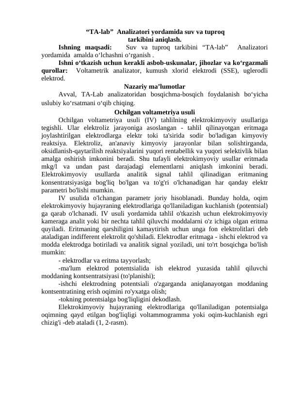 “TA-lab”  Analizatori yordamida suv va tuproq  tarkibini aniqlash.