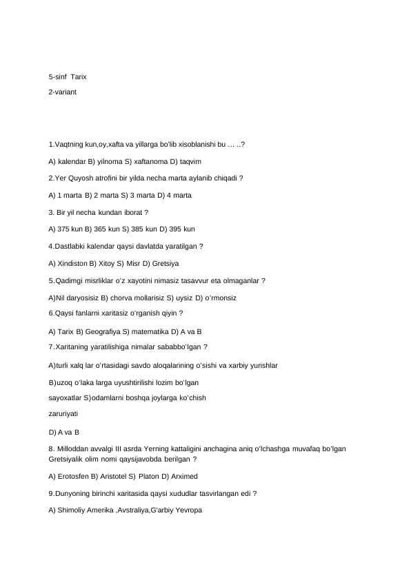 5-sinf Tarixdan hikoyalar fanidan 25 talik umumiy test savollari