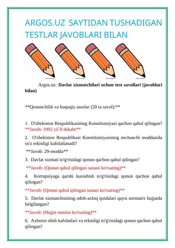 Argos test, javoblari bilan... . Davlat xizmatchisi 2024-2025