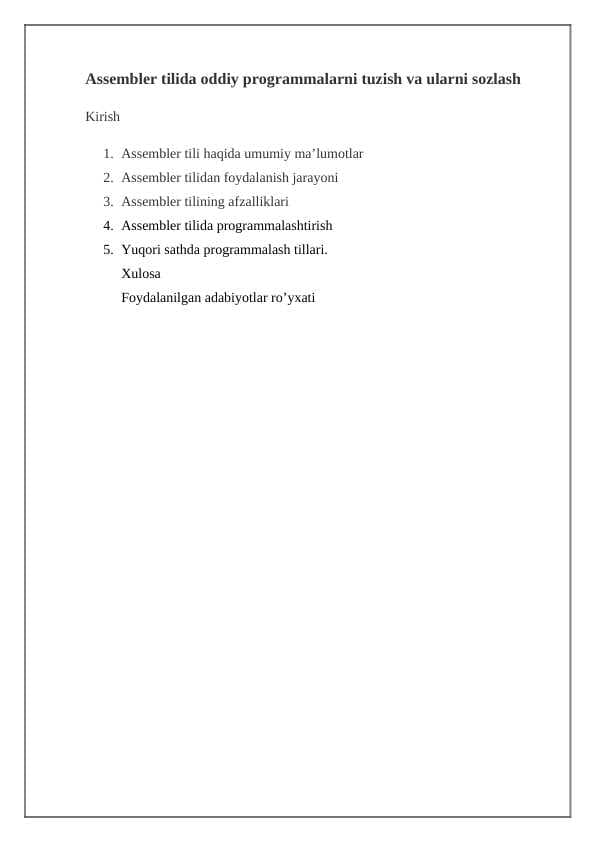Assembler tilida oddiy programmalarni tuzish va ularni sozlash
