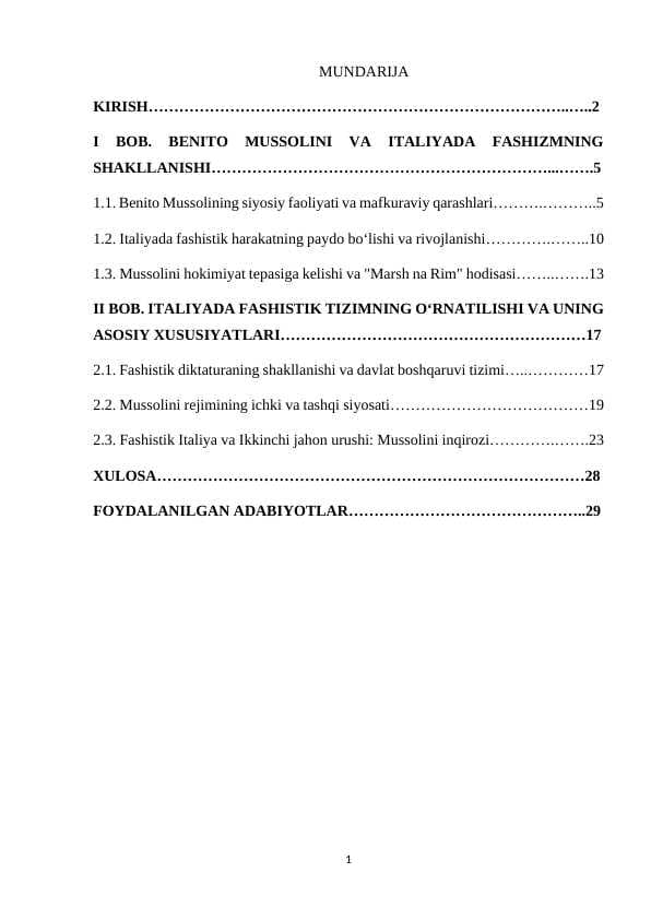 Benito mussolini va italiyada fashistik tizimining o`rnatish kurs ishi