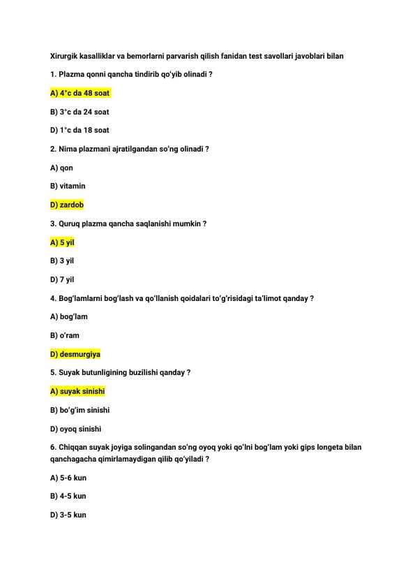 Tibbiyot | Xirurgik kasalliklar va bemorlarni parvarish qilish | test | javobi bilan
