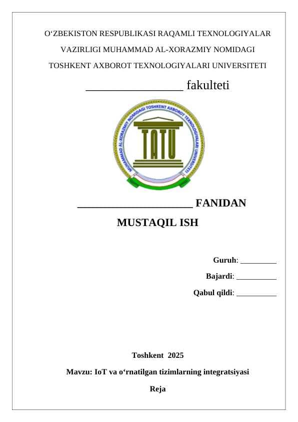 IoT va o‘rnatilgan tizimlarning integratsiyasi