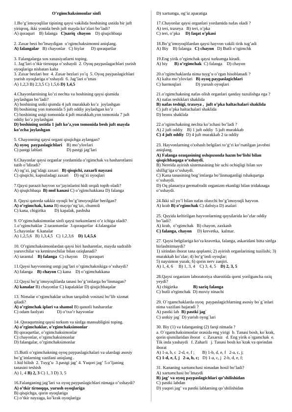 O’rgimchaksimonlar sinfi
