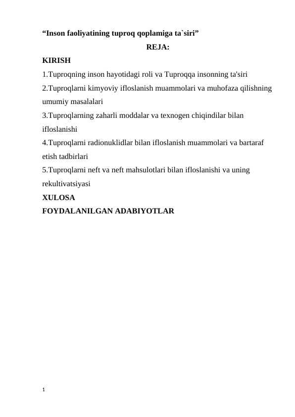 “Inson faoliyatining tuproq qoplamiga ta`siri”