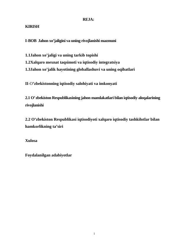 Jahon xo’jaligini va uning rivojlanishi mazmuni