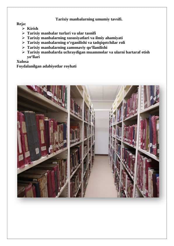 Tarixiy manbalarning umumiy tavsifi