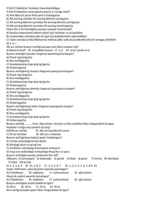 9-Sinf O’zbekiston Tarixidan Mavzulashtirilgan testlar