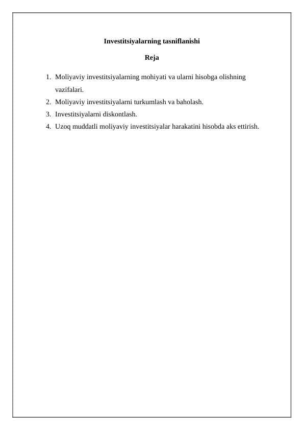 Investitsiyalarni baholash va turkimlash