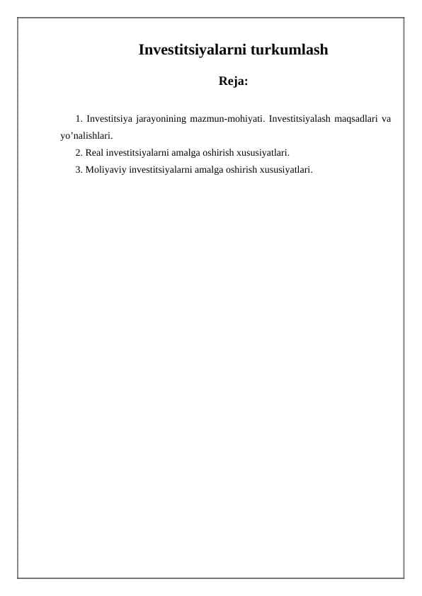 Investitsiyalarni turkumlash