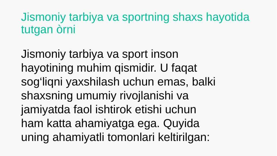 Jismoniy tarbiya va sportning shaxs hayotida tutgan òrni