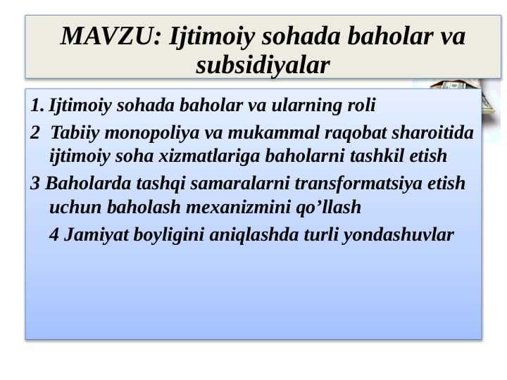 Ijtimoiy sohada baholar va subsidiyalar